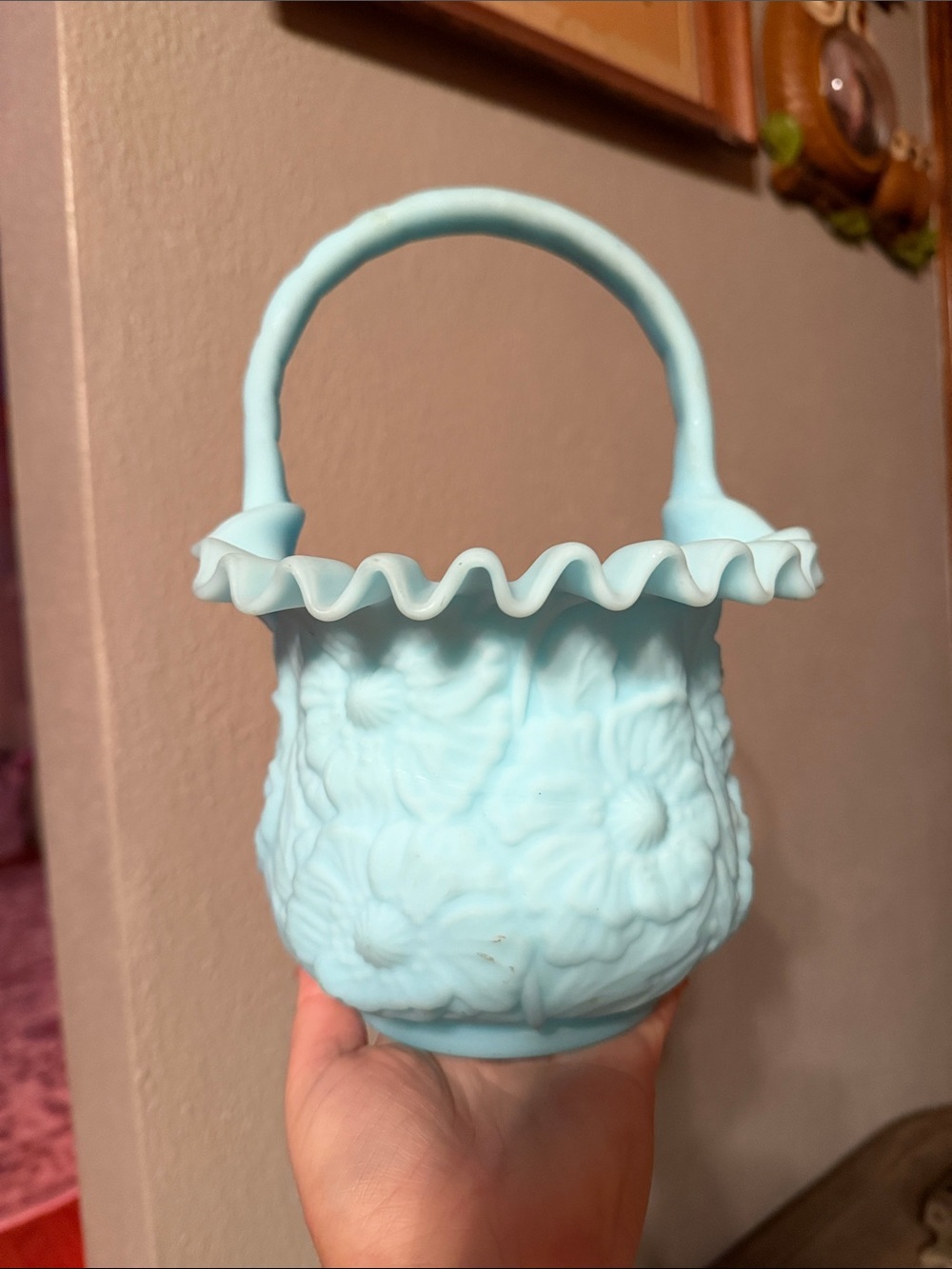 Vintage 1970's Fenton Art Glass Blue Satin Poppy Flower Basket Vase w / Handle